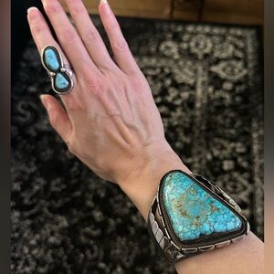 Huge Vintage Navajo Turquoise Silver Cuff Bracelet 113 Grams Massive Tribal RARE